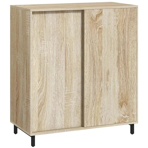 HOMCOM Mueble Zapatero de Entrada de 4 Niveles, Mueble Zapatero de aglomerado y Acero con Puerta corredera, Mueble Zapatero con estantes para hasta 12 Pares de Zapatos, 80x40x93 cm, Madera