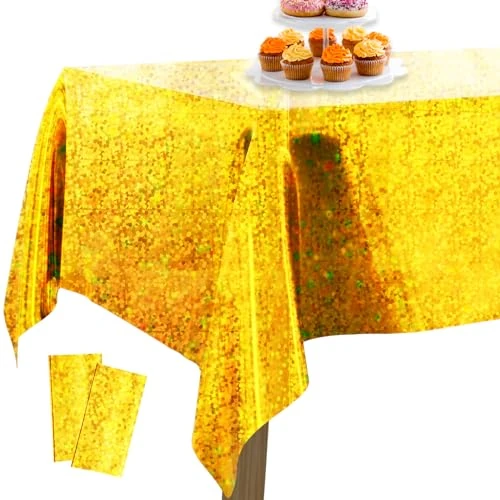 PartyWoo Folientischdecke Gold, 2 STÜCK Irisierende Tischdecke mit Punkten, 137 x 274 cm/ 54 x 108 Zoll Rechteckige Tischdecke Abwaschbar für 6 bis 8 Fuß Tisch, Tischdecke für Geburtstag, Hochzeit