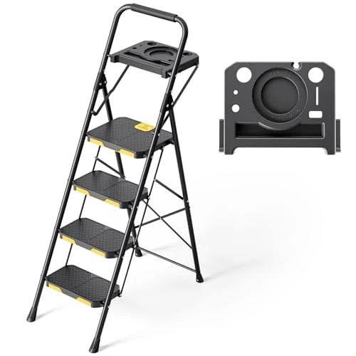 Oferta limitada: KINGRACK Escalera Plegable de 4 Peldaños con Bandeja de Herramientas e Bloqueo de Seguridad, Carga hasta 360 kg, Escalera Doméstica con Pedal Ancho Antideslizante e Pasamanos, Uso Hogar Cocina, Negro de 125.99 € a 125.99 € (ahorro 0.00%)