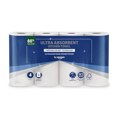 Offerta a tempo: by Amazon Rotolo da Cucina TAD Ultra Assorbente, 4 Rotoli (Confezione da 1), 51 Fogli per Rotolo, Certificato FSC - 15% da 3.85 € a 3.27 €