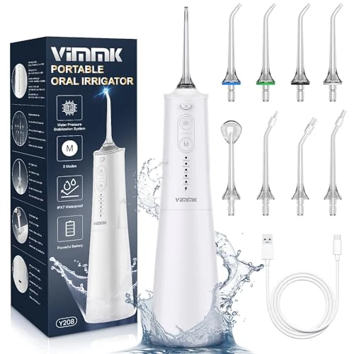 Vimmk Irrigador bucal inalámbrico, Irrigador Dental de Agua con Irrigador Oral Dental Recargable Impermeable IPX7 para Viajes a Casa (Blanco)
