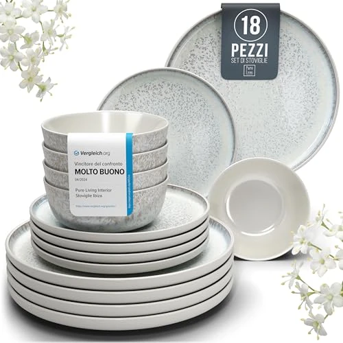 Offre limitee: Pure Living Service de table 18 pièces pour 6 personnes – Beau service de table en grès de style méditerranéen pour 6 personnes – Passe au lave-vaisselle et au micro-ondes – Service de table pour 6 de 139.95 EUR a 89.95 EUR (economie 36%)