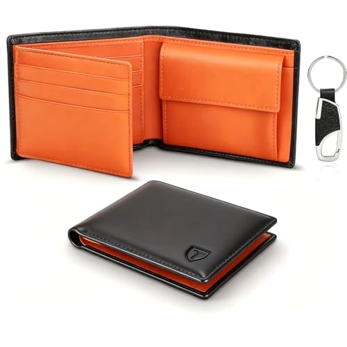 TEEHON Cartera para Hombre, Monedero con RFID Bloqueo con 10 Ranuras, 2 Compartimentos para Billetes, 1 Bolsillo para Monedas con Botón, 1 Llavero y Regalo Caja - Naranja Negro