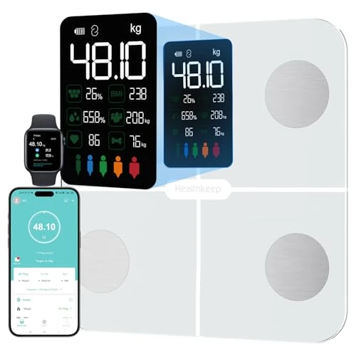Offerta a tempo: Bilancia per grasso corporeo, bilancia digitale con grasso corporeo e massa muscolare, per 15 dati corporei, misurazione della frequenza cardiaca, per Apple Health & Samsung Health - 37% da 59.99 € a 37.99 €