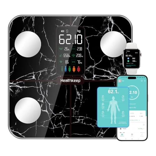 Offerta a tempo: Bilancia per grasso corporeo, bilancia digitale con grasso corporeo e massa muscolare, per 15 dati corporei, misuratore della frequenza cardiaca, per Apple e Android, marmo nero - 48% da 59.99 € a 30.99 €