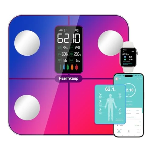 Offerta a tempo: Bilancia per grasso corporeo, bilancia digitale, con grasso corporeo e massa muscolare, per 15 dati corporei, misurazione della frequenza cardiaca, per Apple e Android, arcobaleno - 57% da 59.99 € a 25.98 €