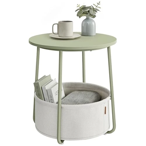 Offerta a tempo: VASAGLE Tavolino rotondo con cesto in tessuto, spazioso, per soggiorno, camera da letto, comodino, stile moderno, verde alloro e bianco crema, LET223C69 - 40% da 49.99 € a 29.83 €