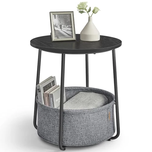 Offerta a tempo: VASAGLE Tavolino, Tavolino Rotondo con Cestino in Tessuto, Spazioso, per Soggiorno Camera da Letto, Comodino, Stile Moderno, Nero Ebano e Grigio Ardesia LET223B01 - 15% da 34.99 € a 29.74 €