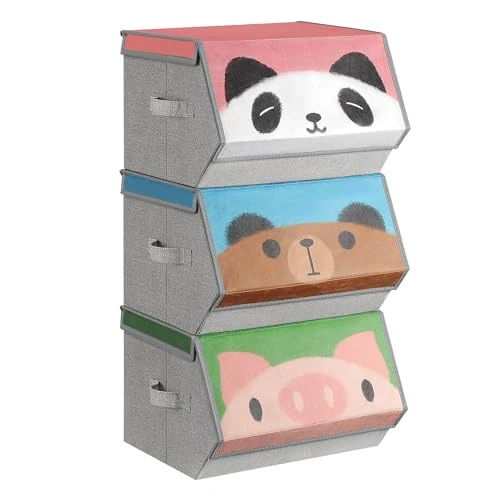 Offerta a tempo: SONGMICS Organizzatori per Bambini, 3 Scatole Portaoggetti Impilabili, Scatole Pieghevoli con Manici, Coperchio Magnetico, Tema di Maiale Orso Panda, Rosa, Blu, Verde e Grigio RFB760P02 - 22% da 31.99 € a 24.90 €