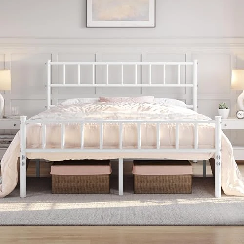 Offerta a tempo: Yaheetech Struttura Letto Matrimoniale in Ferro Battuto a Doghe in Metallo 160 x 200 cm Testiera Semplice Bianco - 31% da 99.99 € a 68.58 €