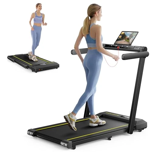 Klappbar Laufband für Zuhause, 2 in 1 Walking Pad mit Großer Lauffläche, 14 km/h Home Treadmill, Dual LED Anzeige, 12 Laufprogramme, Herzfrequenzmessung, APP und Fernbedienung (Gelb)
