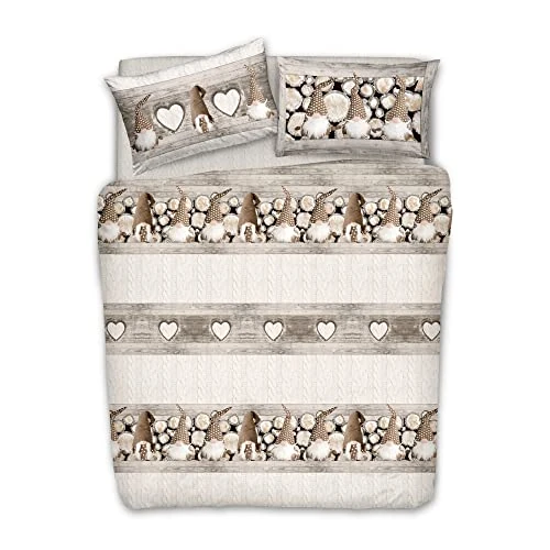 PENSIERI DELICATI Parure Copripiumino Matrimoniale 100% Cotone, Completo di Sacco 250x200cm e 2 Federe 52x82cm, Made in Italy, Copripiumino Lavabile In Lavatrice A 40°, Fantasia Gnomo Beige