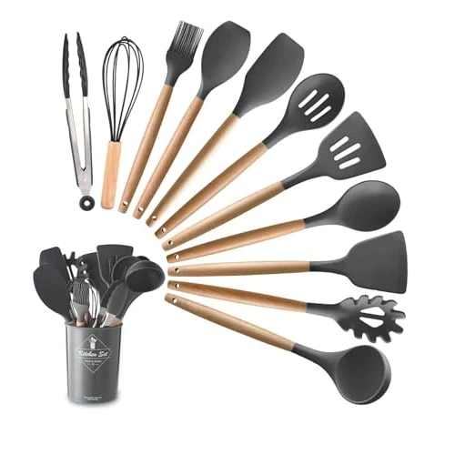 TEMPO DI SALDI Juego de 11 utensilios de cocina de silicona resistentes al calor con mango de madera