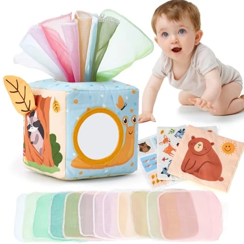 hahaland Caja Pañuelos Bebe Montessori 6-12 Meses, Caja Interactivo Sensorial Suave Juguetes Bebes 3 6 8 12 Meses, Regalo Original para Bebe Recién Nacido
