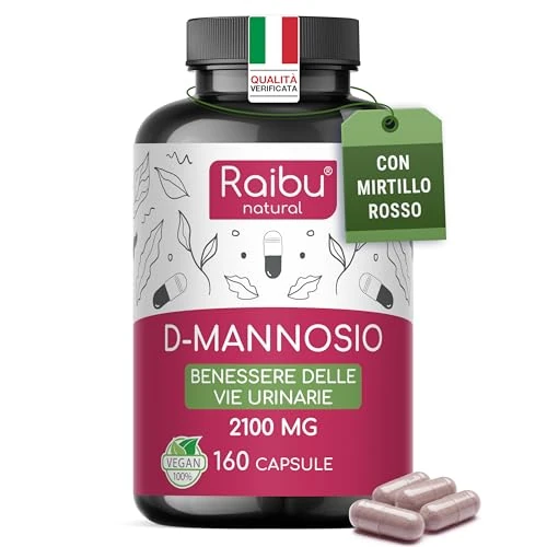 Offerta a tempo: D-Mannosio PURO 2100mg, con Mirtillo Rosso I D Mannosio per Cistite I 160 Capsule I Vegan e Senza Additivi, Testato in laboratori I Integratore per Benessere e Supporto Vie Urinarie I Raibu - 30% da 19.99 € a 13.99 €