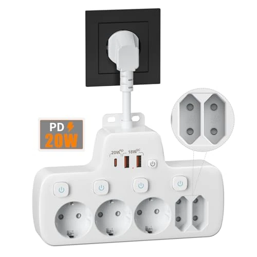 Offerta a tempo: Ciabatta Multipresa con USB C,Presa Multipla Salvaspazio con Interruttori Indipendenti,PD20W e QC18W Ricarica Rapida Elettrica Multipresa Protezione Sovratensione Multi Plug 5 Schuko da Parete,Bianco - 0.00% da 28.99 € a 28.99 €