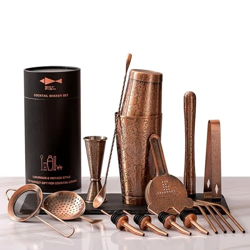 Offerta a tempo: SKY FISH Boston Shaker Per Cocktail, Kit Cocktail da 18 Pezzi con Design in Rilievo 3D, Set da Barman Professionale per Gli Amanti dei Cocktails, Lavaggio a Mano, Rame Antico - 11% da 79.99 € a 71.24 €