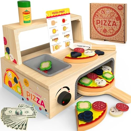 Offerta a tempo: Pizza giocattolo in legno - 48 pezzi Montessori Pretend Play Food per età 3+, giocattolo educativo per l'apprendimento Playset in legno con forno, regalo di compleanno di Natale per 3 4 5 6 anni — 28% da 46,99 € a 33,99 €