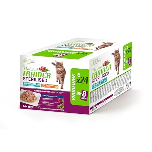 Natural Trainer Sterilised Wet Food for Cats Snacks in Sauce Box of 24 Sachets 12 Cod and 12 Turkey 85 g Each
