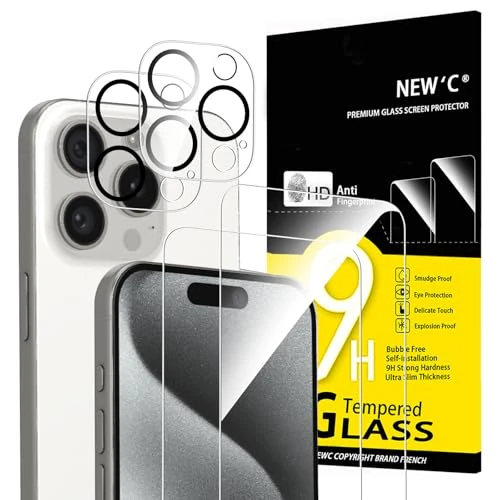 Offerta a tempo: NEW'C 4 Pezzi, 2 x Pellicola Vetro Temperato per iPhone 15 Pro (6,1") e 2 x Pellicola Vetro Protettiva Fotocamera Posteriore per iPhone 15 Pro (6,1") Senza Bolle, Ultra Resistente, Vetro Durezza 9H - 37% da 11.99 € a 7.55 €