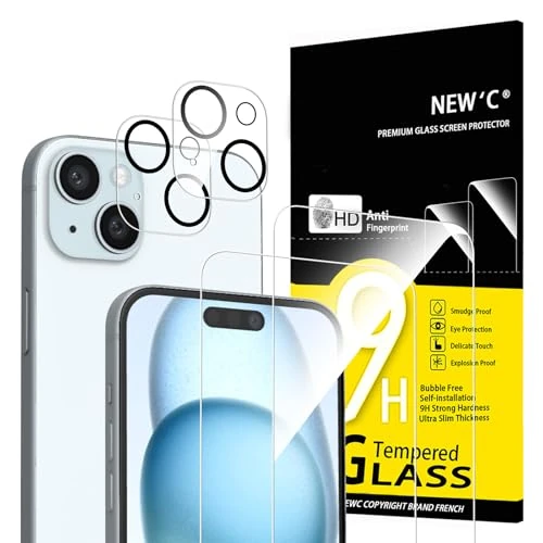 NEW'C Lot de 4, 2 x Verre Trempé pour iPhone 15 Plus (6.7") et 2 x Protection Caméra Arrière - sans Bulles d'air -Ultra Résistant - Dureté 9H Glass