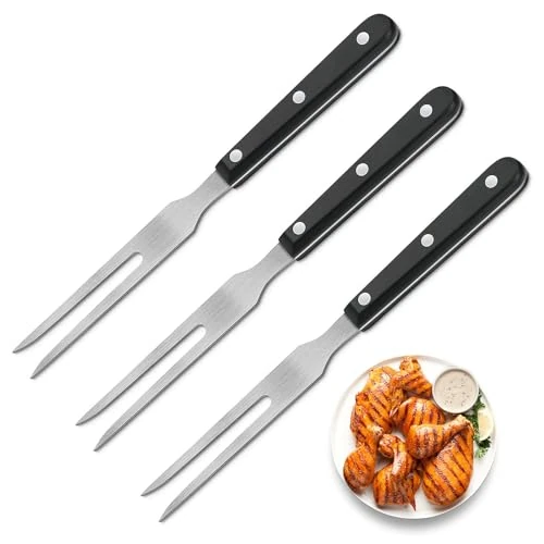 Hwtcjx Set of 3 Meat Forks, Meat Forks, Stainless Steel, Grill Fork, 26.5 cm, Carving Fork, Straight Roasting Fork, 14 cm Blade Length, Grill Forks, Rustproof Meat Fork with Black Wooden Handle