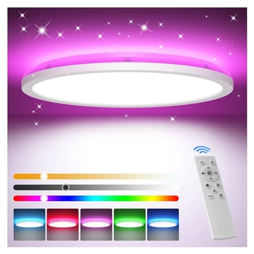 Tyreses Dimmable RGB LED Ceiling Light, 24W RGB LED Ceiling Light with Remote Control, 3000K-6500K Round LED Ceiling Light for Living Room, Bedroom, Living Room, Bathroom, Balcony, Children's Room,