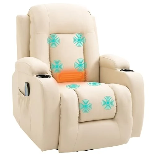 Offerta a tempo: HOMCOM Poltrona Massaggiante Reclinabile Manuale, Poltrona Relax Elettrica Riscaldante Girevole con Dondolo, Portabicchieri, Telecomando, Poggiapiedi, Tasche Laterali, in Pelle PU, Crema - 20% da 359.95 € a 287.96 €
