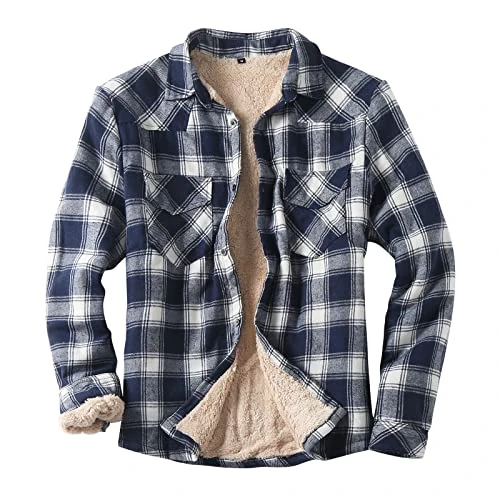 UnoSheng Men's Checked Thermal Shirt – Men's Fleece Jacket Without Hood Shirt Jacket Warm Lined Winter Jacket Cotton Flannel Shirt Lumberjack Jacket Fleece Regular Fit Thermal Jacket Transition