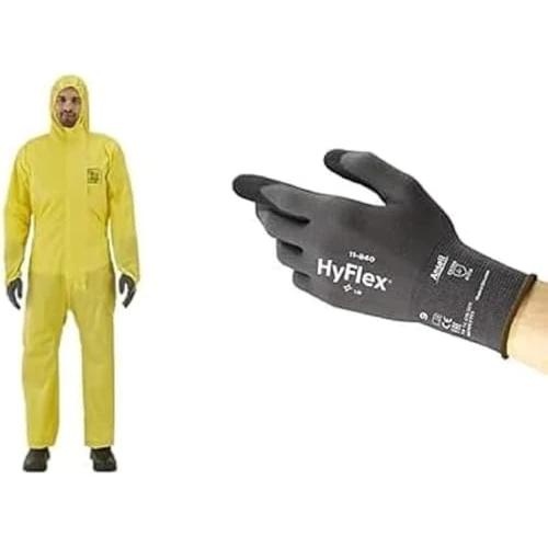 Offerta a tempo: AlphaTec 2300 Modello 132, Tuta Integrale con Cappuccio, Protezione Tipo 3/4/5, Gialla, Taglia M (1 Unità) +HyFlex 11-840 Guanti da Lavoro Professionali, Nero, Taglia M (1 Paio) - 0% da 25.94 € a 25.94 €