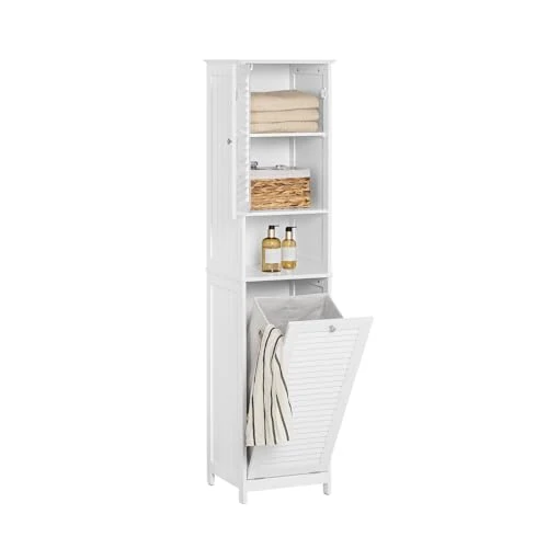 SoBuy Mueble de baño con columna que ahorra espacio con cesto para la colada, armario alto y estrecho para ambientes compactos, mueble con estantes, mueble multiusos blanco, 40 x 170 x 38 cm, BZR124-W
