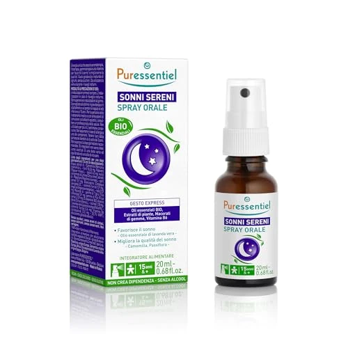 Offerta a tempo: Puressentiel – Sonni Sereni – Spray orale – Favorisce il Sonno - Formula 99.7% Naturale - Vitamina B6, Oli essenziali BIO, Estratti di piante, Macerati di Gemme - Gusto agrumi - 20 ml - 66% da 14.90 € a 5.00 €