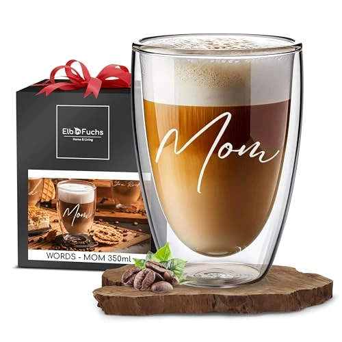 ElbFuchs® Doppelwandiges Latte Macchiato Glas | MOM | 1x 350ml [GESCHENKIDEE FÜR MAMA] Ideales Geburtstagsgeschenk für Mütter oder werdende Mama | Glas mit Gravur zum Muttertag