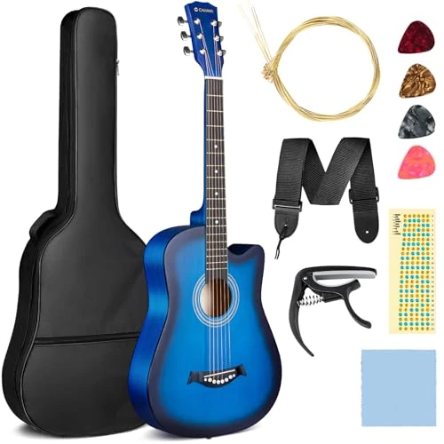 CAHAYA 38 Inch Acoustic Guitar Basswood: Acoustic Guitar Set for Beginners, Children and Adults, Comes with Carry Bag, Replacement Strings, Capo, Picks, Scale Stickers, Blue CY0354