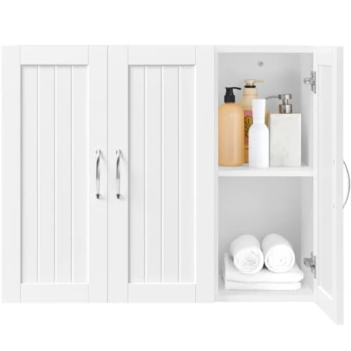 Yaheetech Wall Mounted Bathroom Cabinet with 3 Doors Modern Wall Mounted Kitchen Living Room Storage Cabinet White 60 x 31 x 75 cm