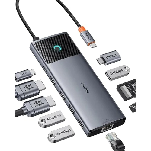 Baseus Docking Station Dual Monitor,10Gbps 10 in 1 Docking Station with 2 HDMI Single 4K @ 120Hz, Dual 4K @ 60Hz,10Gbps USB-A and USB-C, Gigabit Ethernet and PD 100W for iPhone 15/DELL/HP/Lenovo and