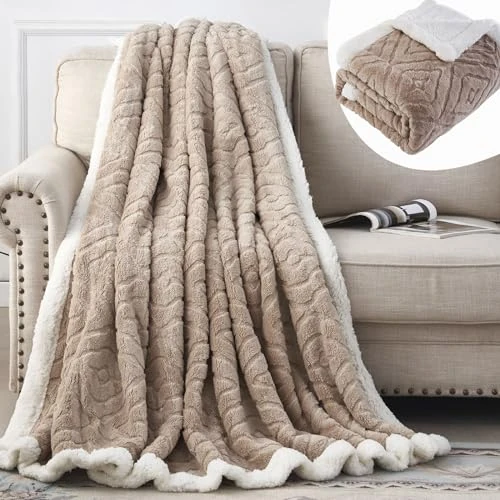 EAQ Sherpa- en fleece-deken, fleecedeken voor volwassenen, zachte dikke pluizige deken voor bank, bed en bank (BEIGE, 127 x 152 cm)