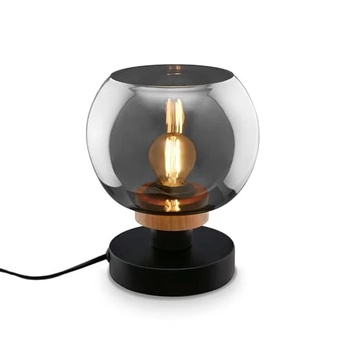 BRILONER – Nachttischlampe, Rauchglas, Kabelschalter Schreibtischlampe, Tischlampe E14 für Home Office, Leselampe, Schwarz-Holz