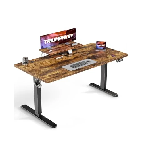 TRIUMPHKEY 160 x 70cm Höhenverstellbarer Schreibtisch mit Monitorständer, Schreibtisch Höhenverstellbar Elektrisch Ergonomischer Steh-Sitz Tisch, Standing Desk, Vintagebraun
