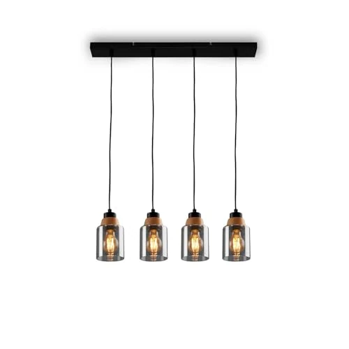 BRILONER - Lampada a sospensione a 4 luci, vetro fumé, lampada a soffitto, plafoniera, lampada, lampada da soggiorno, lampada a sospensione, lampadario, lampada da camera da letto, nero-legno