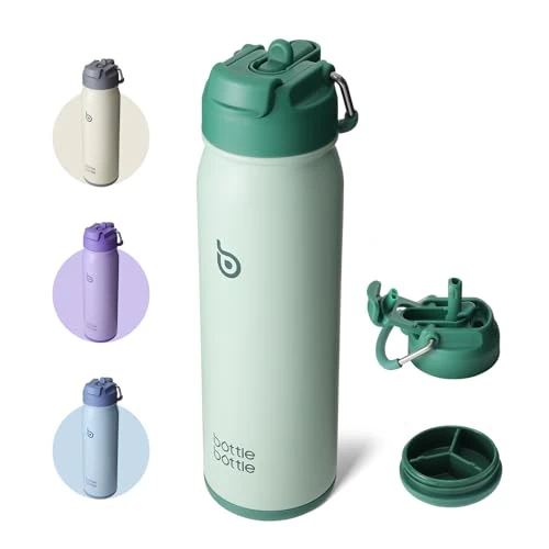 Offerta a tempo: BOTTLE BOTTLE Borraccia Termica in Acciaio Inossidabile 700ml (24oz) Borracce per Bicicletta con Cannuccia e Coperchio Regolabile Borraccia per Bevande Quotidiane Organizer per Pillole (verde) - 31% da 25.99 € a 18.01 €