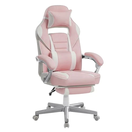 SONGMICS Silla de Oficina, Silla Gaming Ergonómica, con Reposapiés Telescópico, Respaldo Ajustable, Reposacabezas y Soporte Lumbar, Carga de 150 kg, Rosa Jalea y Blanco Crema OBG073P01