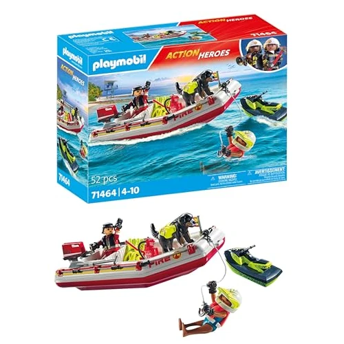 PLAYMOBIL Action Heroes 71464 Gommone dei Pompieri e acquascooter, Inclusi Maschere da Sub e Pinne, Giochi di Ruolo Divertenti, Giocattolo sostenibile per Bambini dai 4 Anni in su