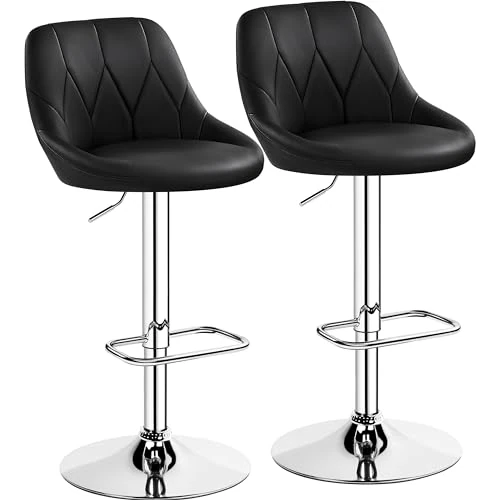 Yaheetech Set 2 Sgabelli Bar Alti Altezza Regolabile Cucina Design Moderni con Schienale Girevole Imbottiti in Finta Pelle Poggiapiedi Metallo Neri