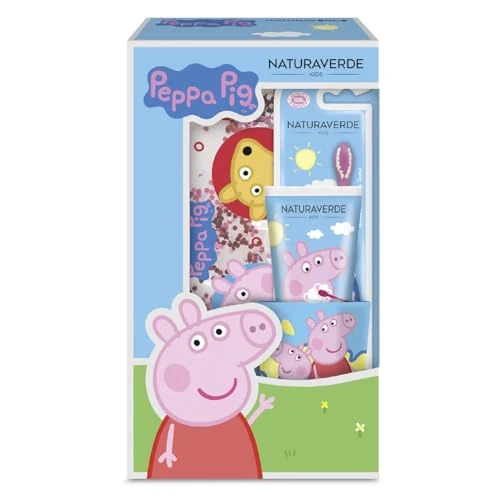 Naturaverde | Peppa Pig Gift Set Oral Care, Spazzolino da Denti Manuale, Dentifricio Bambini Gusto Fragola 75ml, Bicchierino e Pochette Glitter
