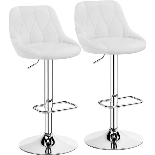 Yaheetech Set of 2 Bar Stools Kitchen Modern Design with Adjustable Height Swivel Backrest Padded Faux Leather Footrest Metal White