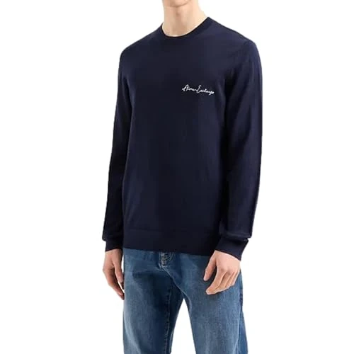 Armani Exchange Men's Essential Crew Neck Logo Lettering Pullover Sweater, Navy, M