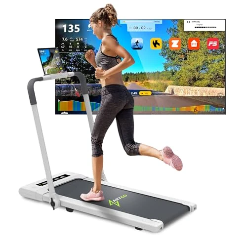 ArtGo Giotto Electric Treadmill and Treadmill (2-in-1), Space-saving, Handlebar Controls, Bluetooth, KINOMAP and ZWIFT APP, Remote Control with Clock, 6 Programmes, White