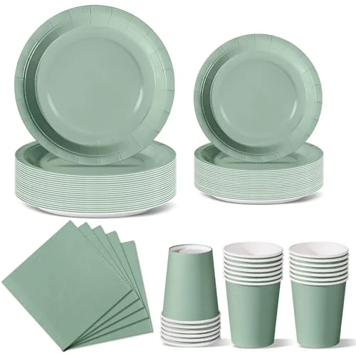 Nkaiso 96 Piezas Verde Hierba Vajilla Fiesta Cumpleaños, Platos y Vaso Cumpleaños Infantil, Set de Party Decoración Platos Desechable Servilletas para Navidad, Barbacoas, Fiestas -24 Invitado