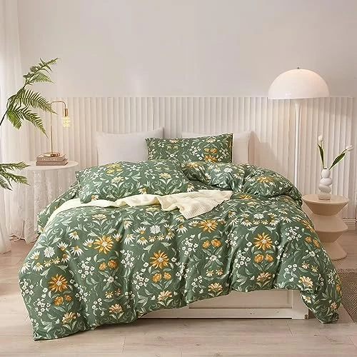 Ruccit Groene bloemen dekbedovertrekset, tweepersoons 100% katoen, dekbedovertrek, tweepersoonsbed, 3 stuks, tuin, geel en wit, bloemen, beddengoedset met ritssluiting, hoekbanden, zacht, duurzaam,